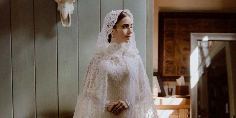 Here's a closer look at Lily Collins's wedding gown that was handcrafted for almost 200 hours