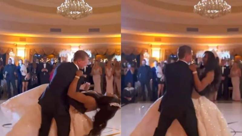 Falling in love! Bride and Groom fall on stage while dancing on their wedding day