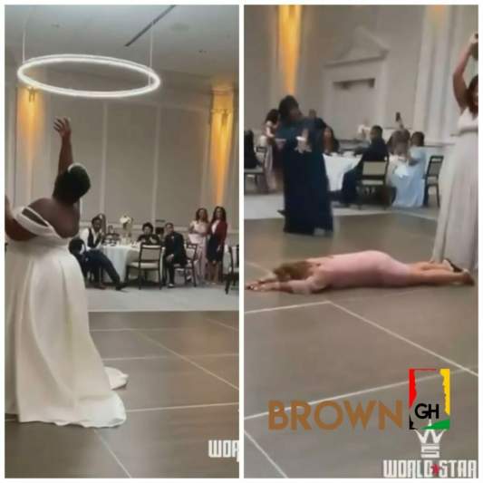 Woman falls flat while trying to catch bride’s bouquet at Wedding reception (Video)