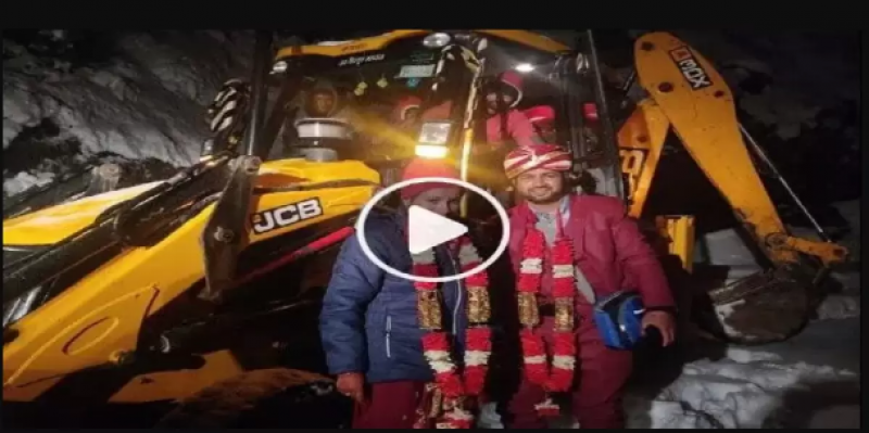 Dulha rides on JCB to arrive at his own wedding due to heavy snowstorm