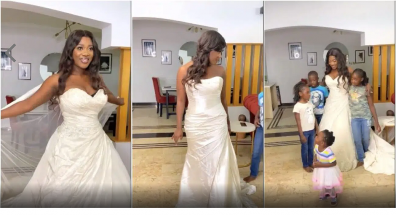 Fans gaze in awe as Actress Mercy Johnson rocks her wedding dress after 10 years and 4 kids