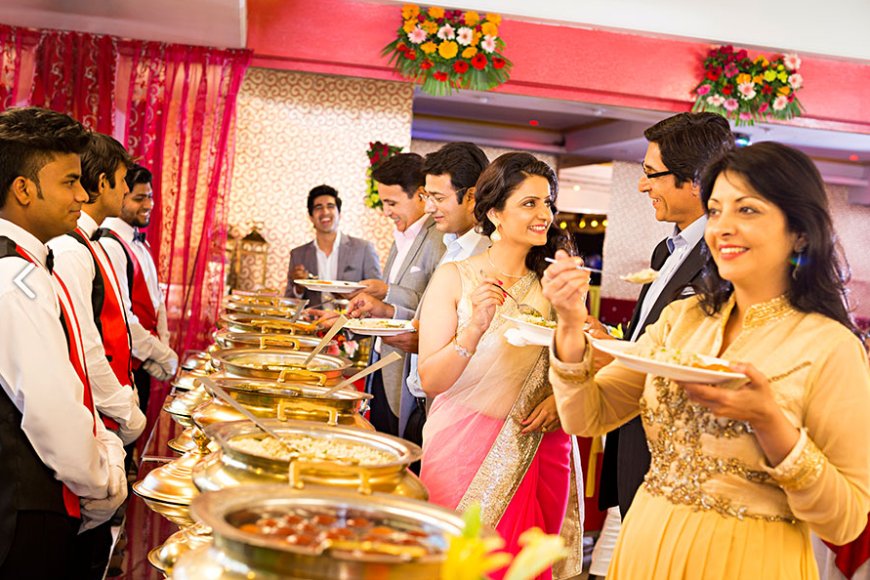 Indian guests enjoying a vegetarian wedding buffet